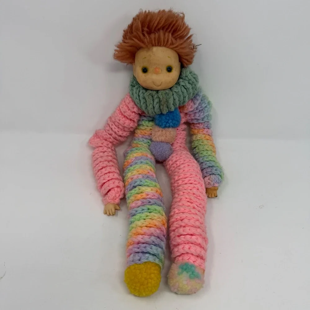 Vintage Handmade Crochet Clown Doll‎ Pink Rainbow Spiral Limbs Vinyl Face 18
